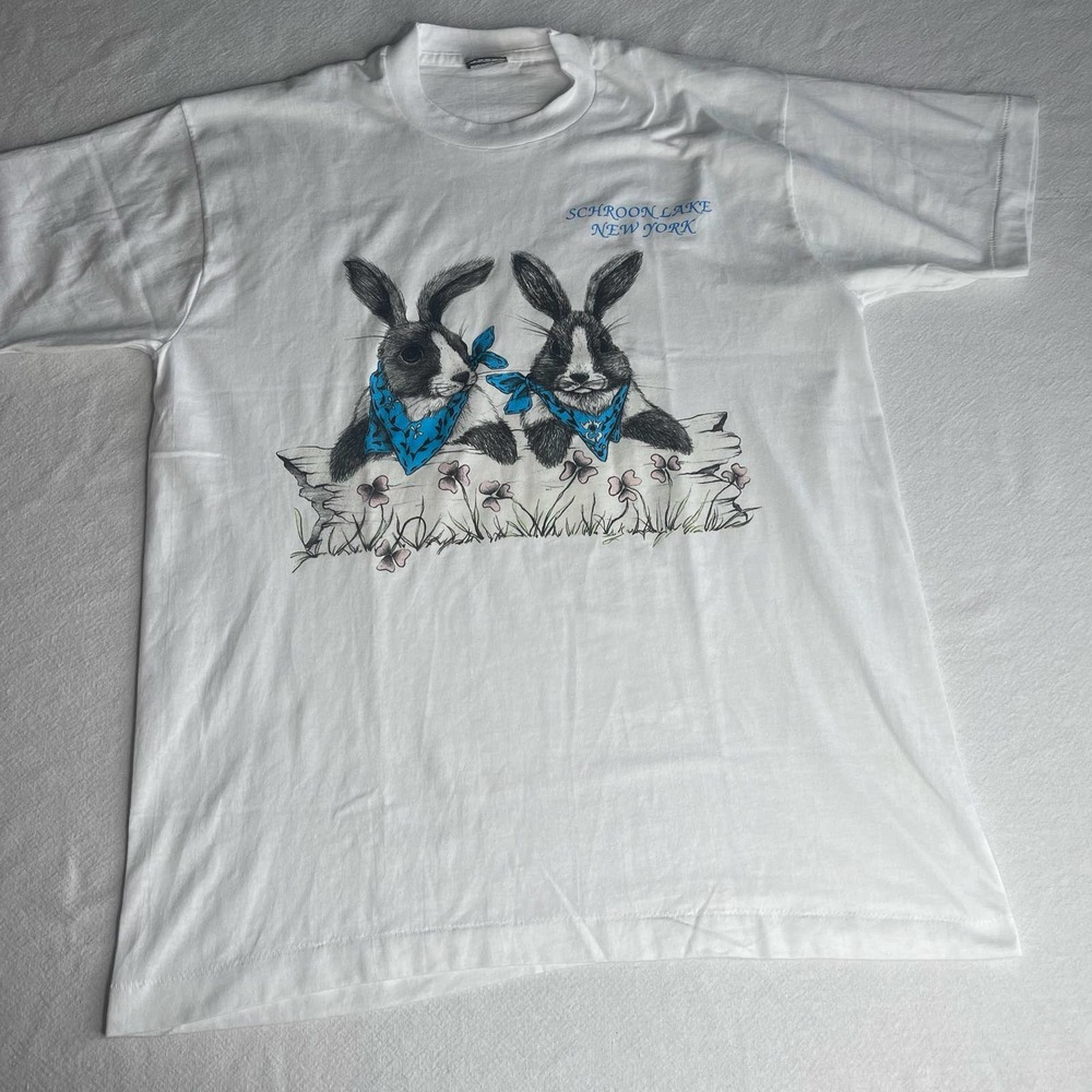 Rabbit bunny Shirt women L single stitch Vtg Schroon Lake New York